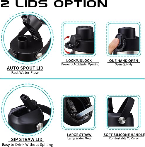 Miniatura 6 de Vaso de agua aislado con tapa y pajilla, de 40 onzas, botellas de agua aisladas de acero inoxidable para portavasos y vasos de agua de metal a