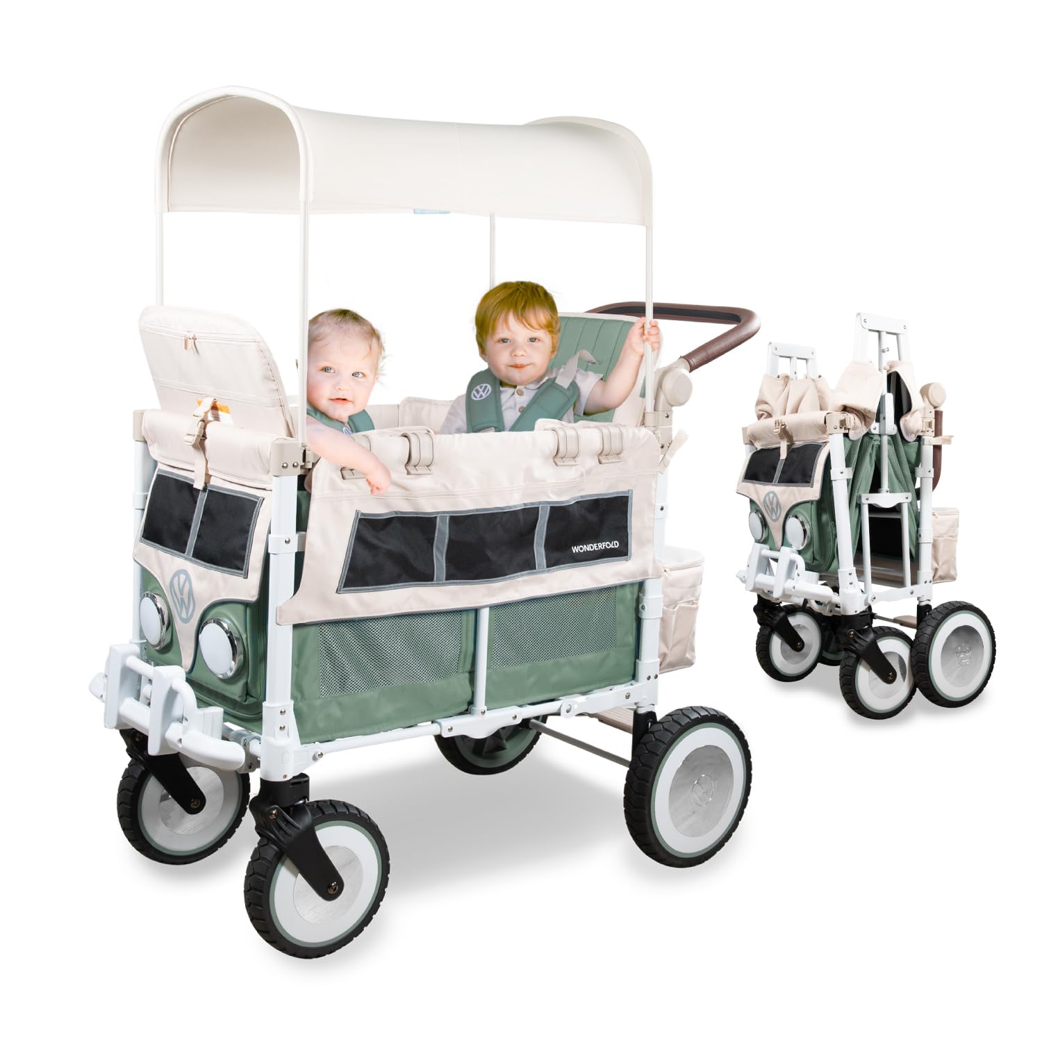 WonderFold VW 2 Volkswagen - Chariot pliable pour enfant (2 places) - Chariot de qualité supérieure pour enfants avec pare-chocs VW, phares fonctionnels et roues XL tout-terrain - Vert sauge