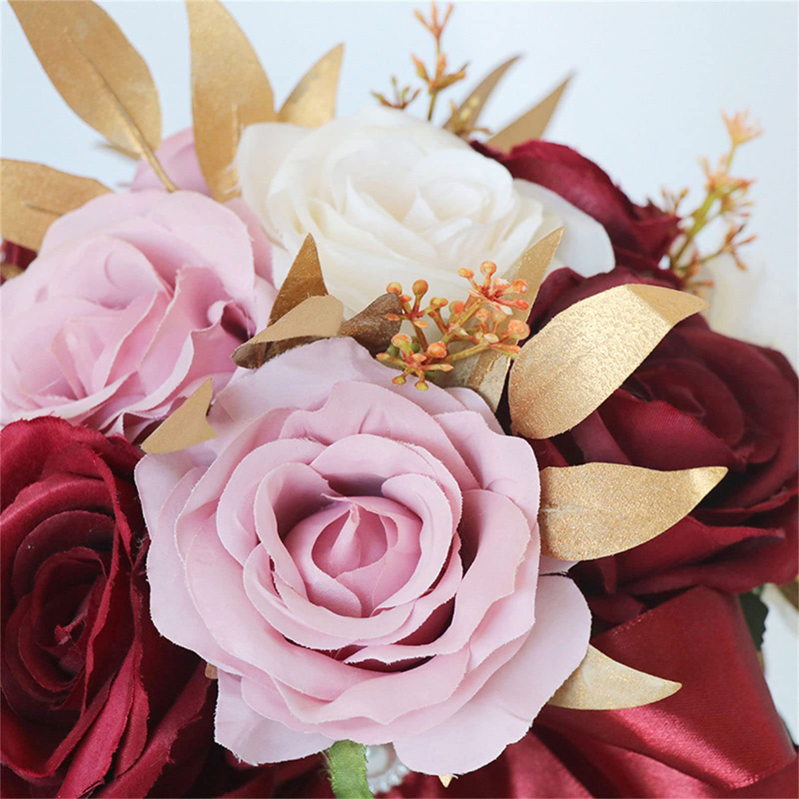 Bouquet di Fiori Artificiali da 8 Pollici, Rose Bianche finte in Seta, Bouquet da Sposa per Cerimonia, Anniversario, Baby Shower, Boho Rustico Vintage.