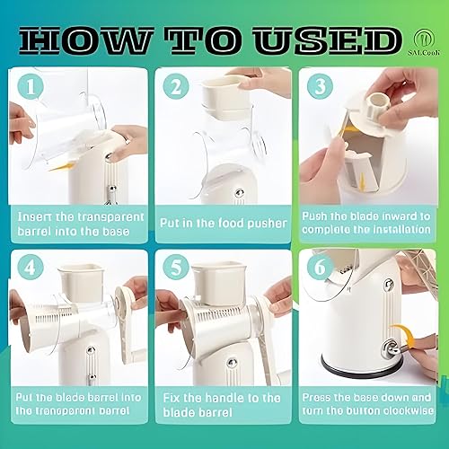 Miniatura 5 de Rallador de queso giratorio manual 5 en 1 con asa, cuchillas reemplazables de acero inoxidable para cortar, triturar, moler y cortes ondulados, base