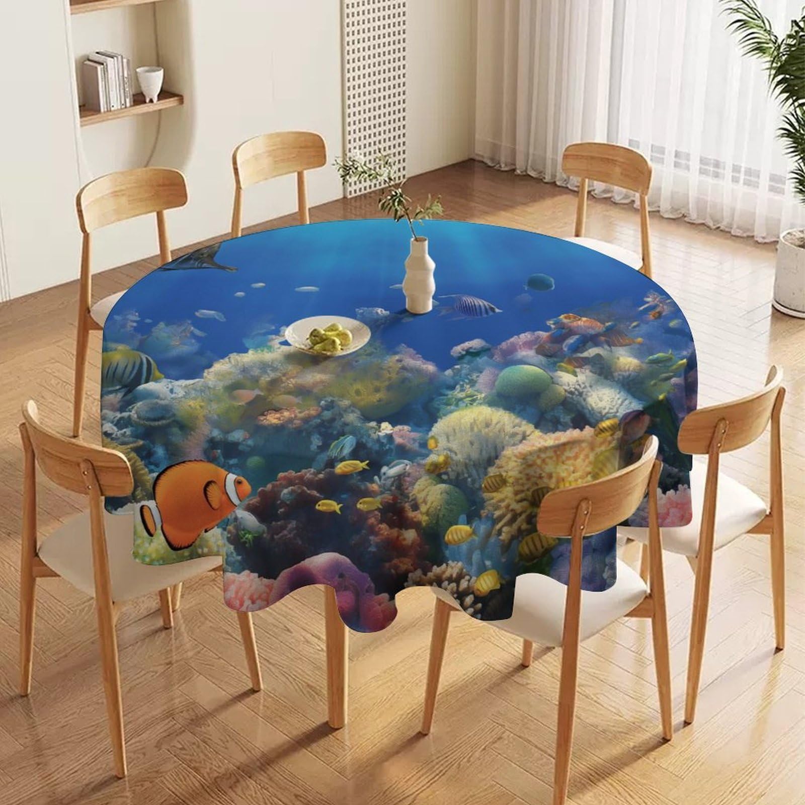 ORDOBO 3D Print Round Tablecloth - Marine Life Round Countertop Decoration Cover Waterproof Wipeable Dust-Proof For Kitchen Dining Home 152X152Cm