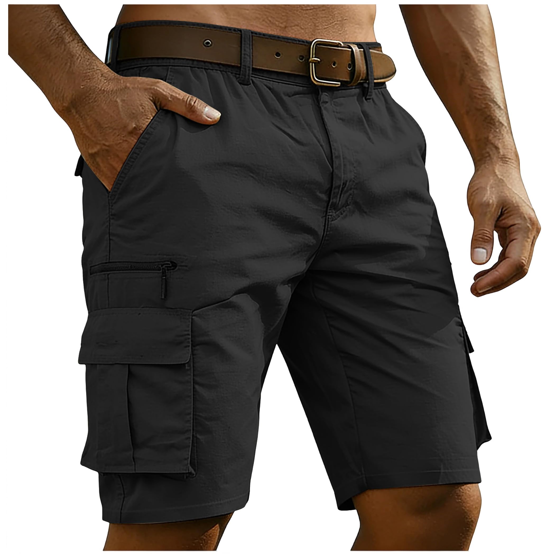 Pantalon Short Cargo Homme Coton Été Bermuda Multi-Poches Bouton Travail Shorts Taille Élastique Fermeture Éclair Pantalon Court Décontracté Coupe Ample Respirant Léger Chantier Plein Air Quotidien