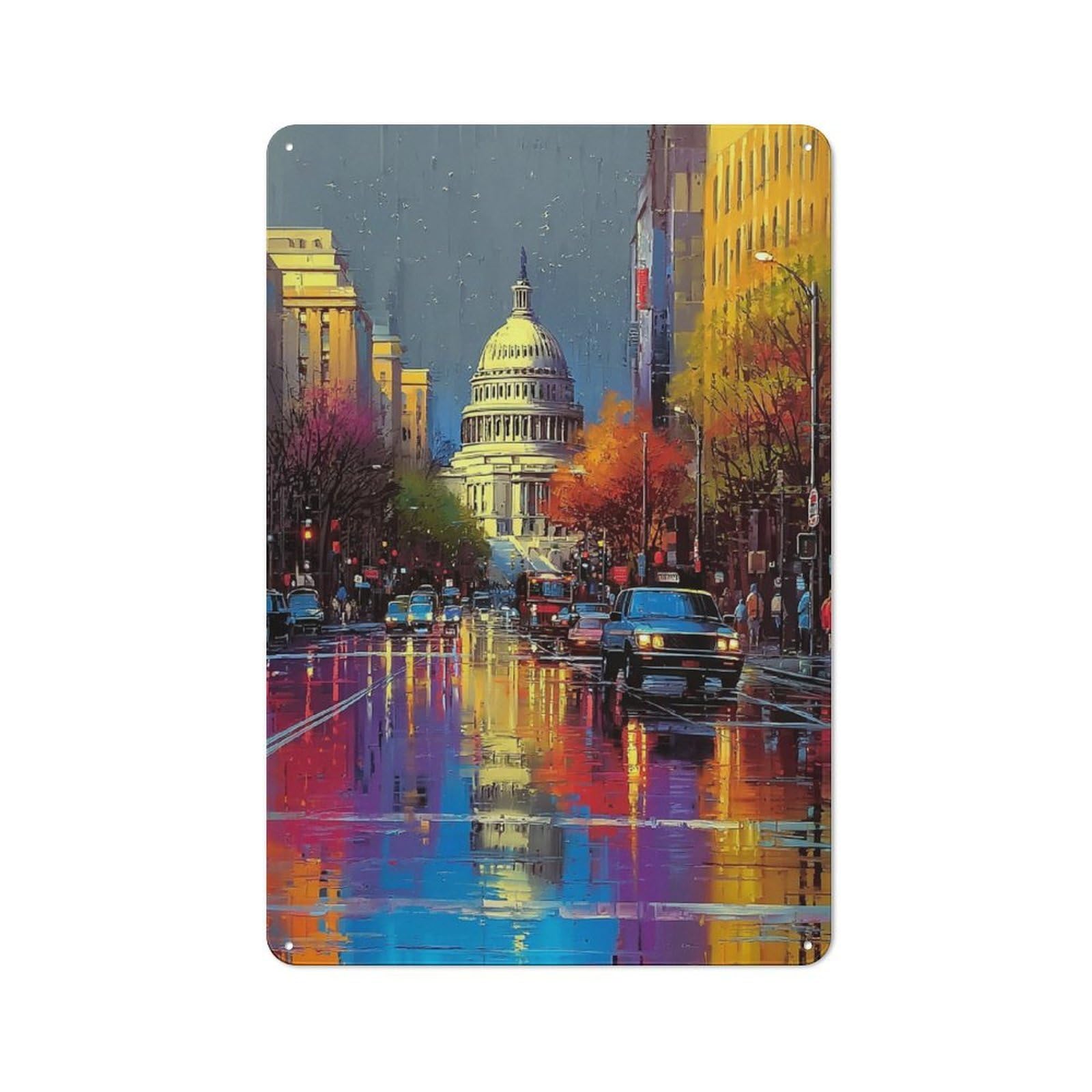 Junmoney Rainy Cityscape With Capitol Building Shop Front Style Decorative Metal Plaque 30X20cm, Shop Wall Decor For Cafe, Bistro, Bakery Or Restaurant