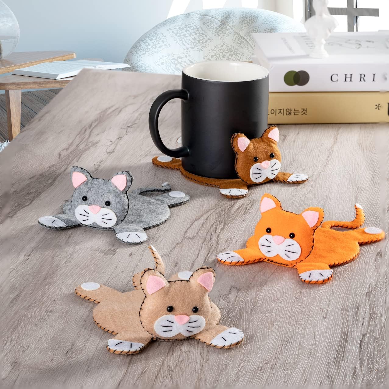 Funny Cat Coasters Set of 4 – Cute Felt Drink Mats for Women, Cat Mom Gift Idea, Animal Lover Decor, Coaster Set for Drinks, Unique Gag Present, Cool Stuff for Her - Image 4