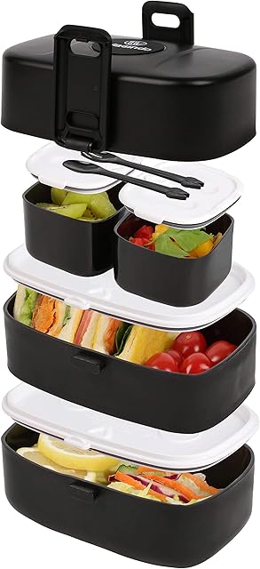 Wagindd Bento Box - Leak-Proof Stacking Lunch Boxes with 4 Compartments - BPA-Free, Dishwasher & Microwave Safe Toddler & Adult Lunchbox, Eco-Friendly Lunch Containers For Kids And Adults (Black)