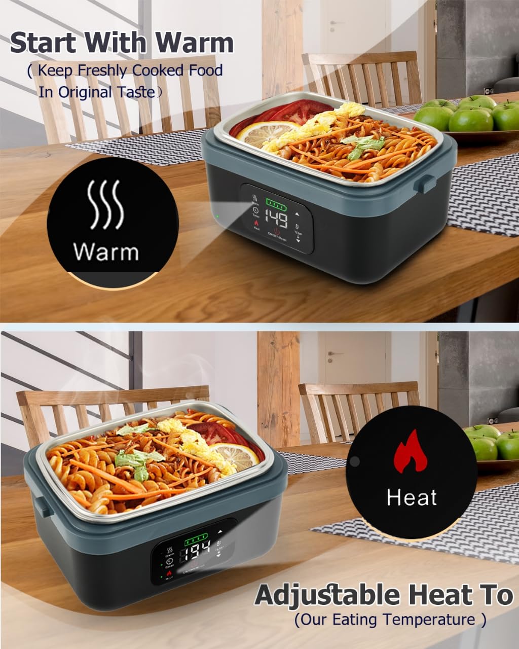 Fiambrera eléctrica para adultos (hombres y mujeres), lonchera calentada a pilas con puerto de carga USB, autocalentamiento sin núcleo, calentador de alimentos portátil para comidas sobre la 3