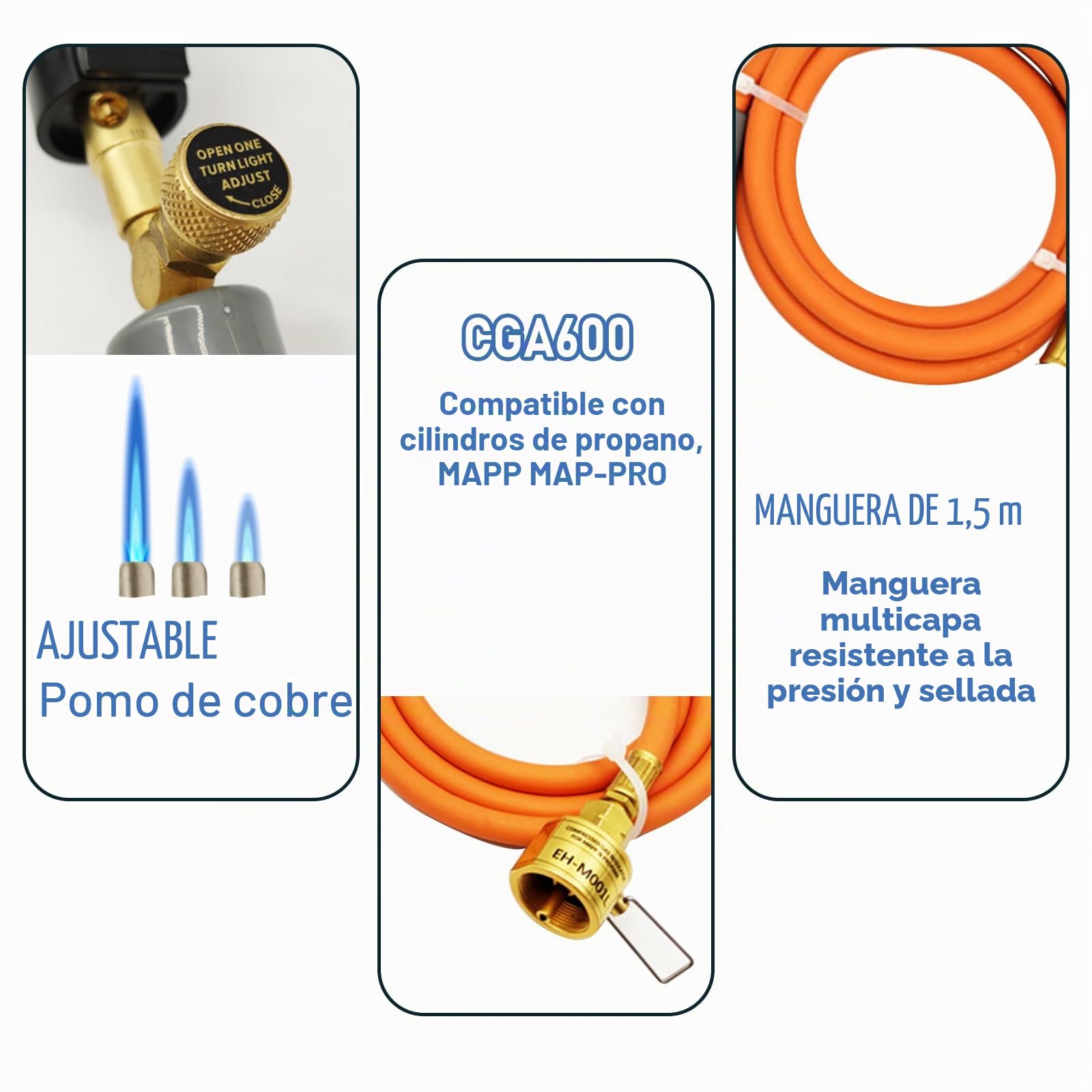 Antorcha de gas para MAPP, soplete de gas propano para soldadura con manguera de 1,5 m y válvula de llama ajustable, punta de latón, interfaz CGA600 para soldadura, encendido, barbacoa