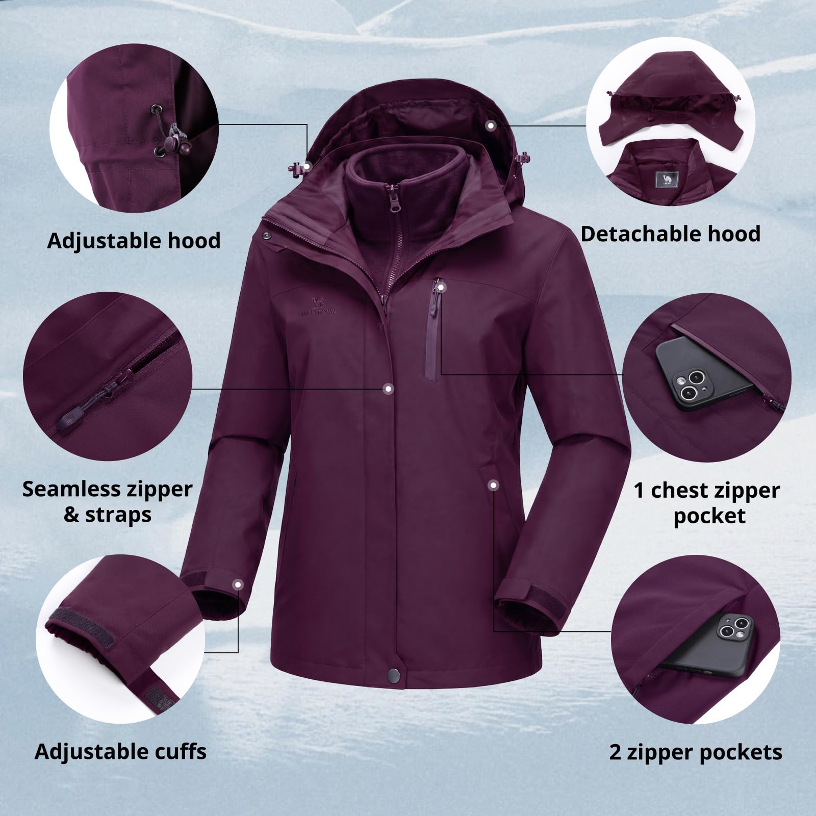 CAMEL CROWN Damen 3 in 1 wasserdichte Skijacke Winddicht Wintermantel Fleece Innen Schnee Snowboardjacke Outdoor