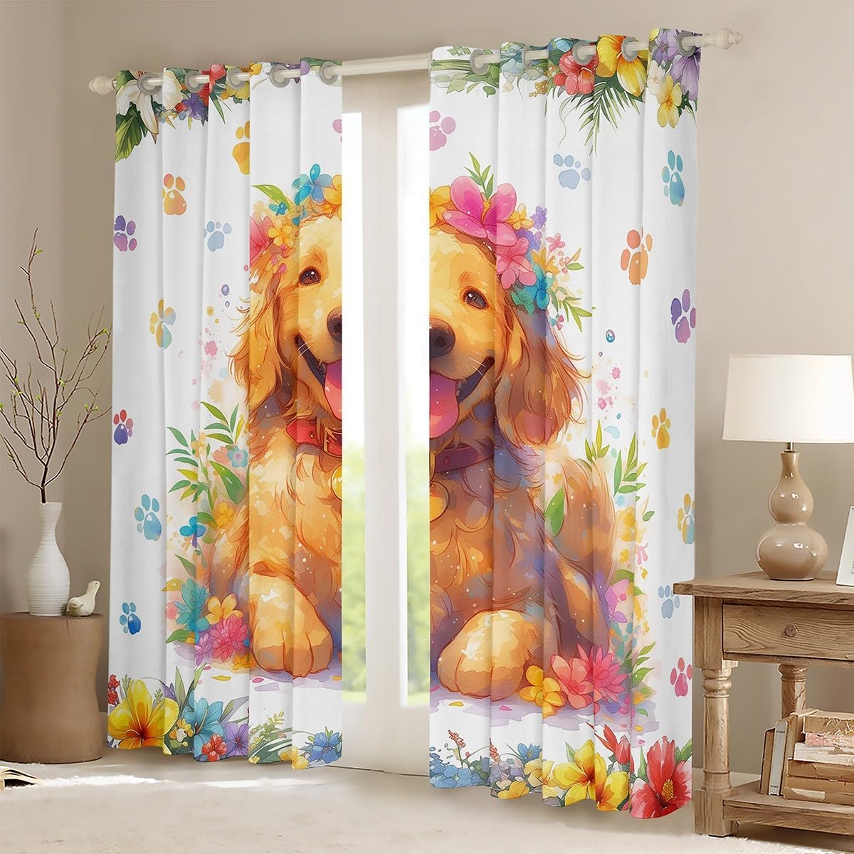 Cute Pug Blackout Curtains 84x84 Toddler Rainbow Floral Flower Curtains & Drapes,Dog Paw Prints Curtains Cute Dog Animal Black Out Curtains Spring Themed Window Drapes Kids Girls Room Decor