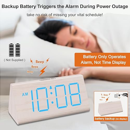 Miniatura 4 de DreamSky Wooden Digital Alarm Clocks for Bedrooms - Electric Desk Clock with Large Numbers, USB Port, Loud Alarm for Heavy Sleepers, Adjustable Blue