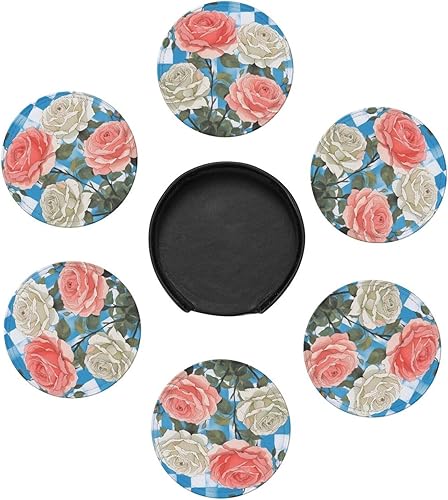 Miniatura 7 de Plaid Background Roses Fashionable Printed Leather Coaster Set,A Set of 6 Pieces,4 Inches in Diameter,Adding an Artistic Atmosphere to Your Desktop