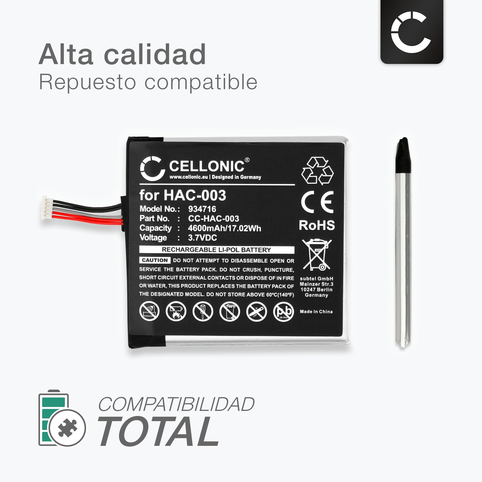 CELLONIC 1x Batería Compatible con Nintendo Switch, HAC-003, HAC-001 | 1x, (4600mAh-3.7V-Litio Polímero), Videoconsola Batería, para Nintendo HAC-001(-01), HAC-A-BPHAT-C0