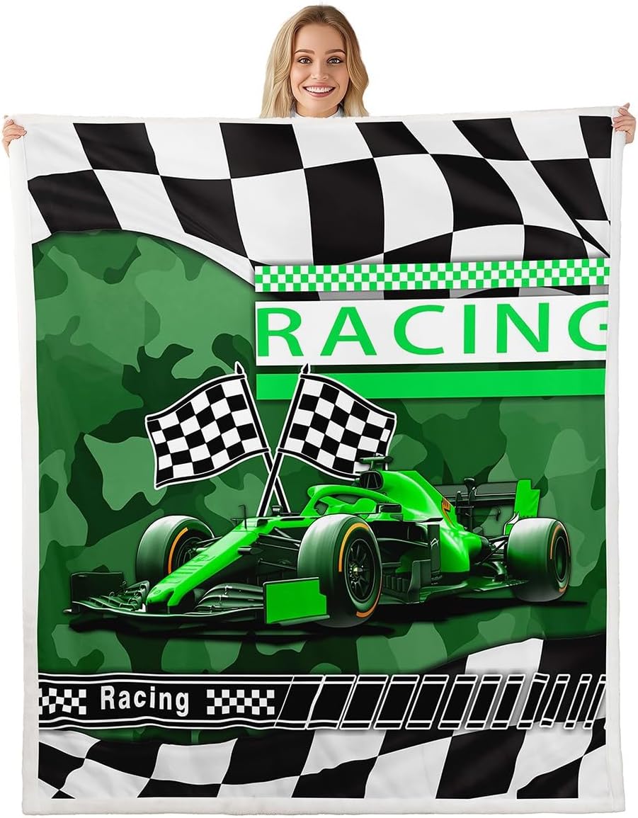 Boys Red Race Car Fleece Flannel Blanket,Speed Sports Car Bed Blanket for Bed Sofa Couch,60"x80",Fast and Furious Bed Plush Blanket,Geometric Checker Track Lightweight Blanket