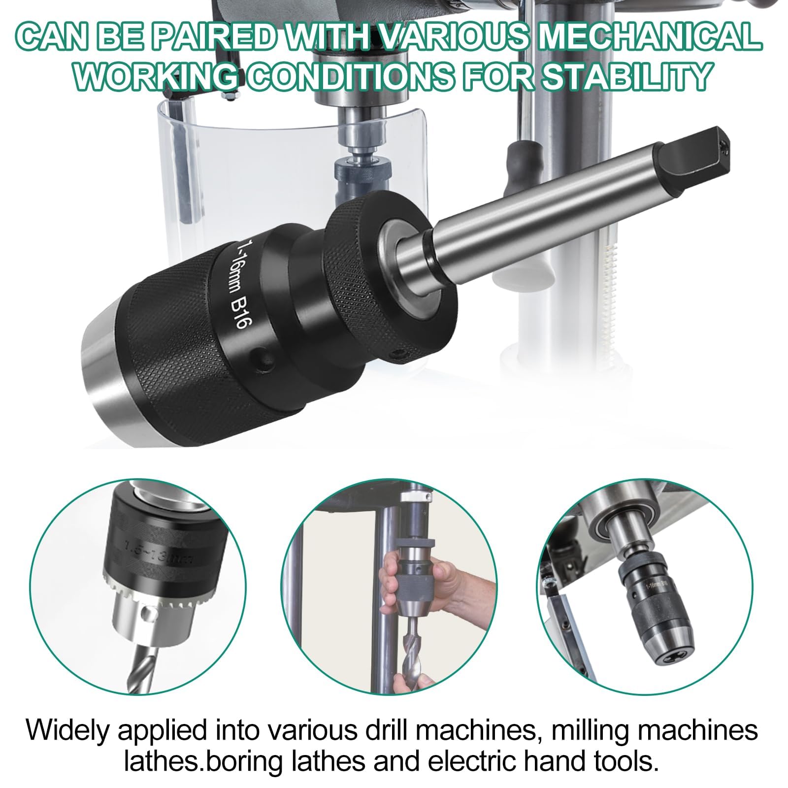 Mandrin Perceuse de Tour sans Clé 1-16mm à Serrage Automatique MT2 - B16 Arbre, pour Mandrins de Tour Serrer l'outil, Mandrin de Perçage, Mandrin pour Tour MK2