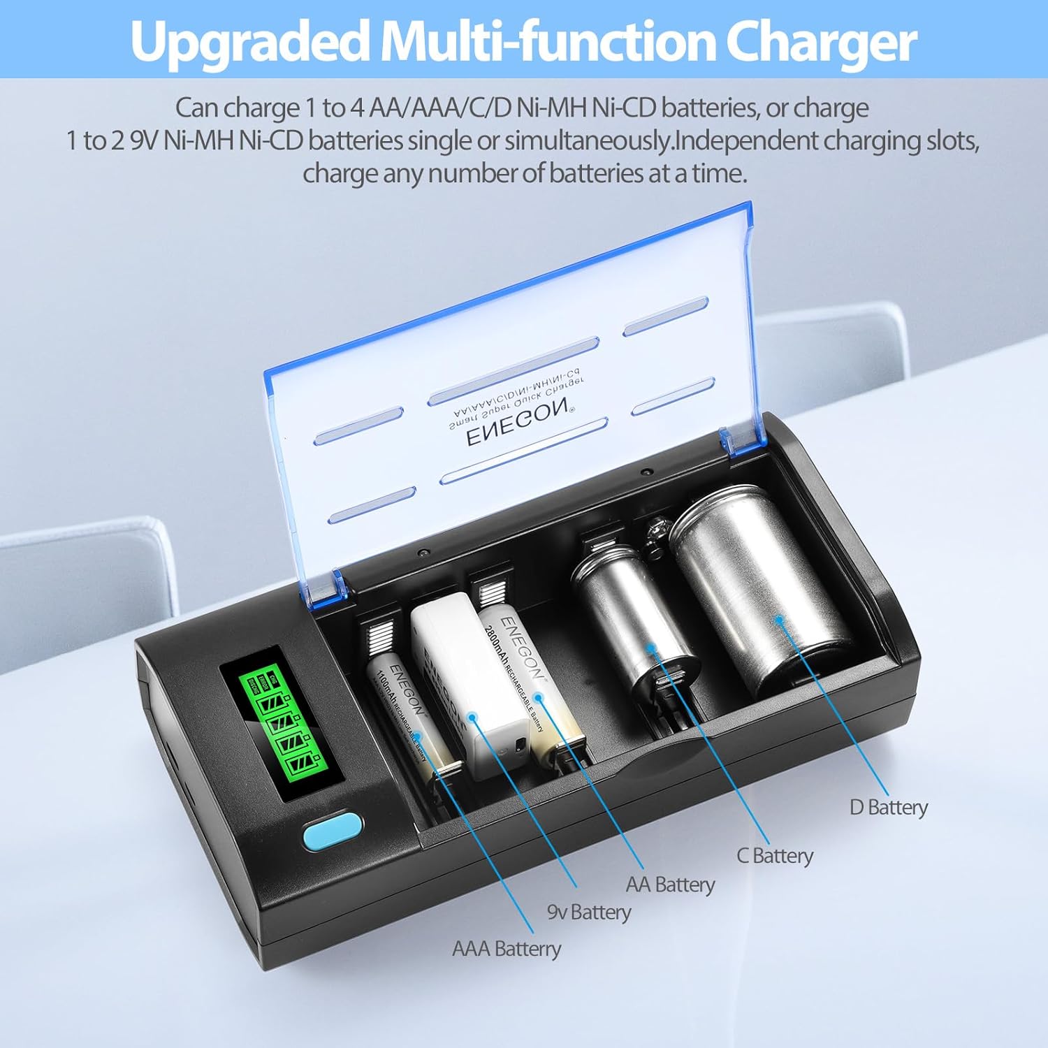 ENEGON Smart Multi-Function Battery Charger showing different battery types in slots