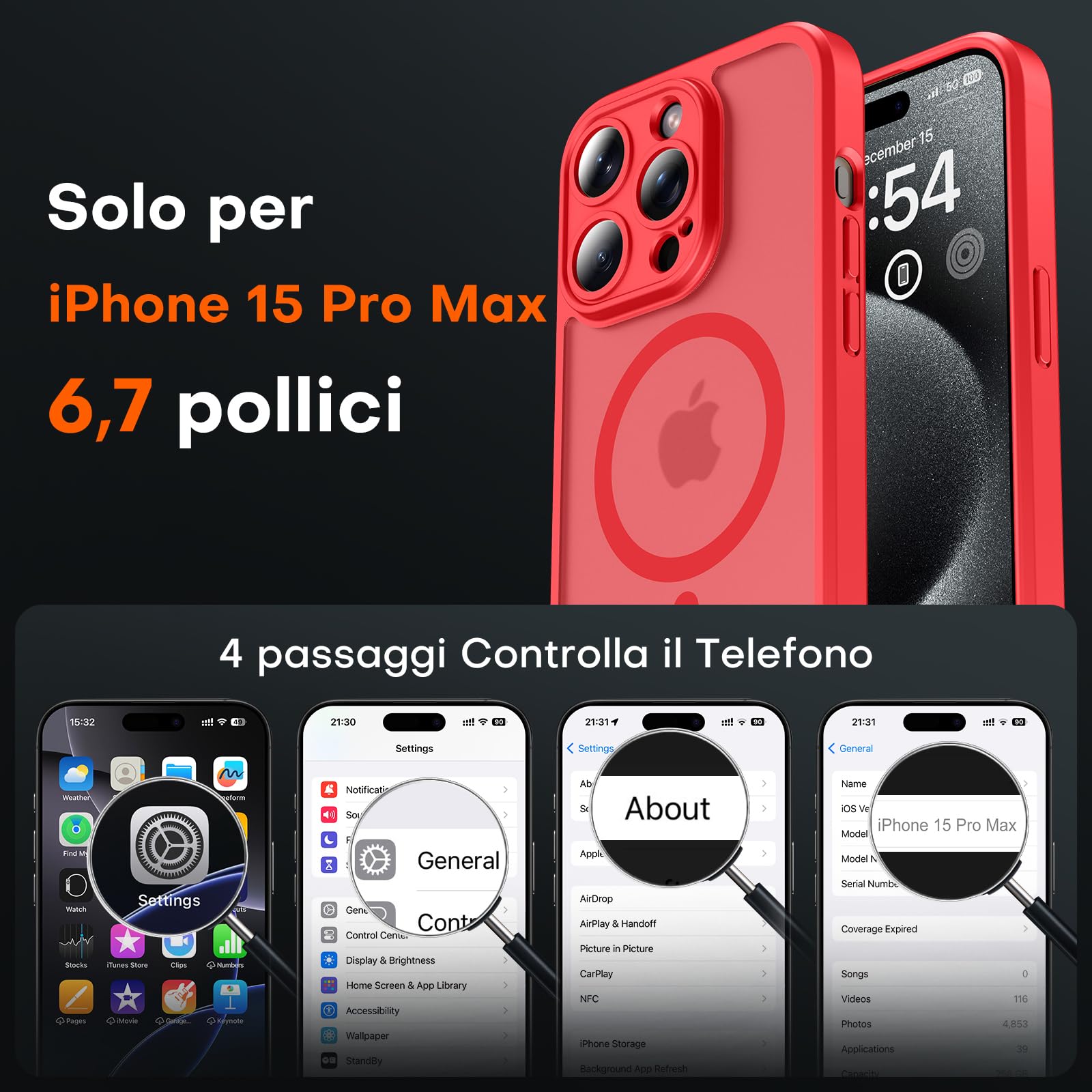 TOCOL Cover Magnetica per iPhone 15 Pro Max 6,7 Pollic, Compatibile con MagSafe, Protezione Fotocamera Integrata, Custodia Antiurto Traslucida Opaca, Rosso