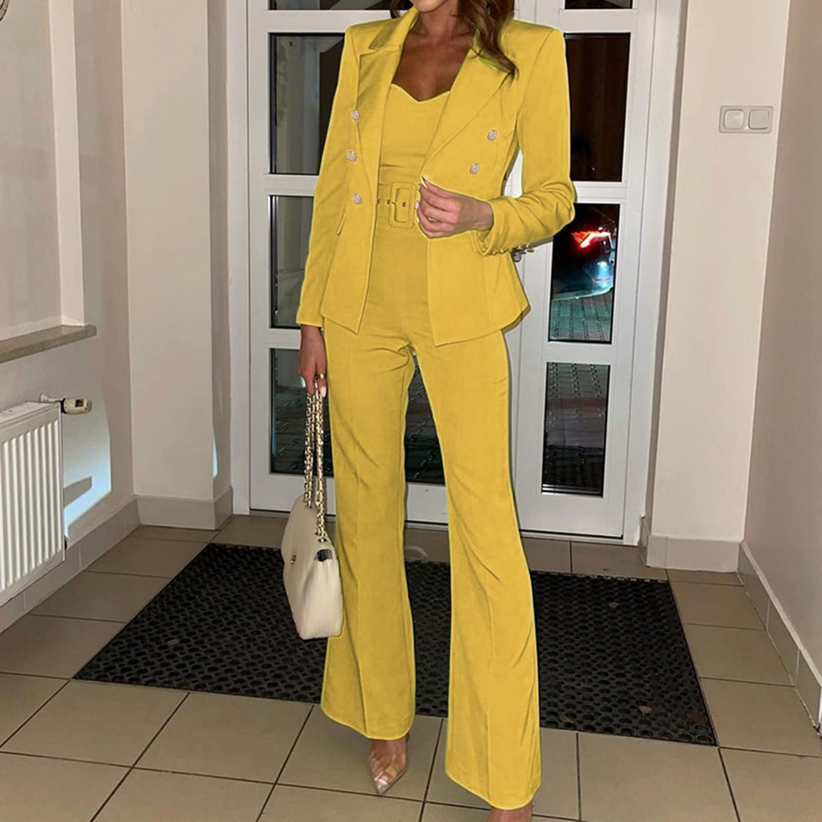 Completo Elegante Donna Con Pantalone Tailleur Ufficio Eleganti Manica Lunga Aperto Davanti Colletto Completo Due Pezzi Casual Complete Da Cocktail Blazer E Pantaloni Matrimonio Set Da Cerimonia