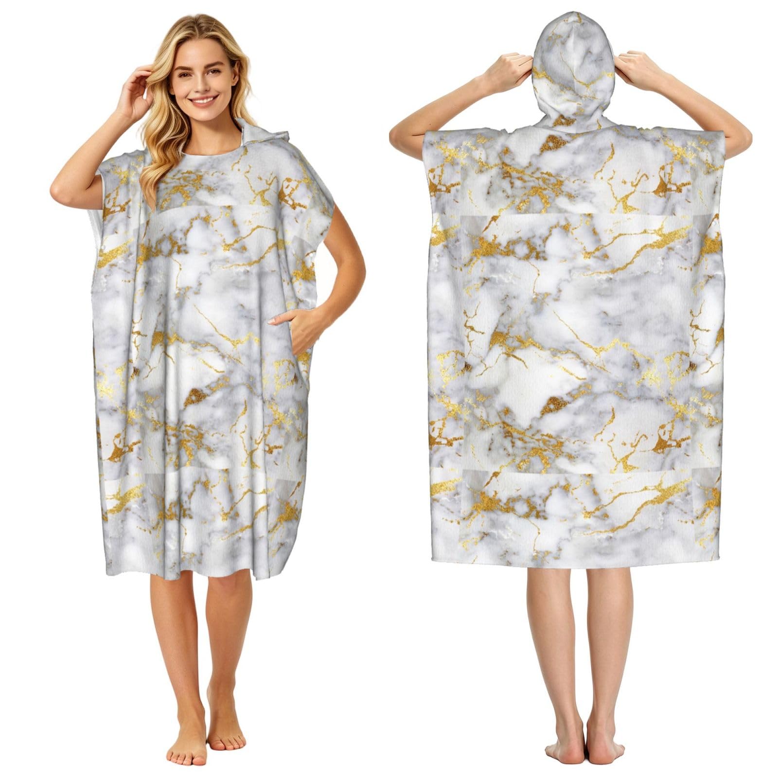 Poadnly Gold Marble, Adult Hooded Beach Towel 90 x 110 cm,Changing Bath Robe, Surf Poncho Towel For Women Men