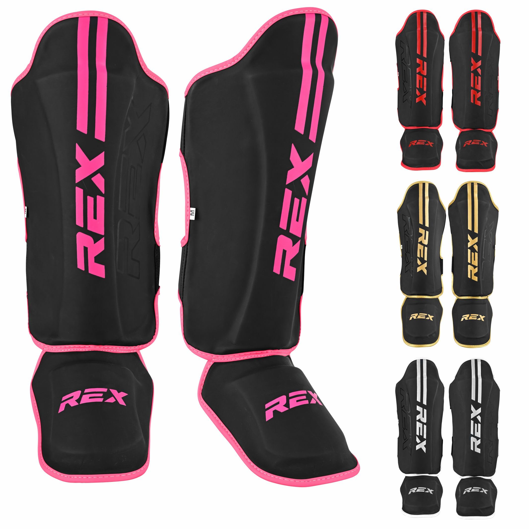 Rex Boxing Shin Guard Muay Thai Instep Leg Protector for Martial Arts, Kickboxing, BJJ, Karate, PU Leather reinforced MMA Shin Instep (BLACK/PINK, L)