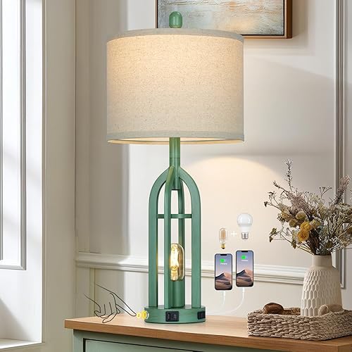 Miniatura 9 de Lámpara de mesa industrial de granja de 27", lámpara de mesita vintage rústica azul con puertos de carga USB A+C y salida AC, lámpara de noche de