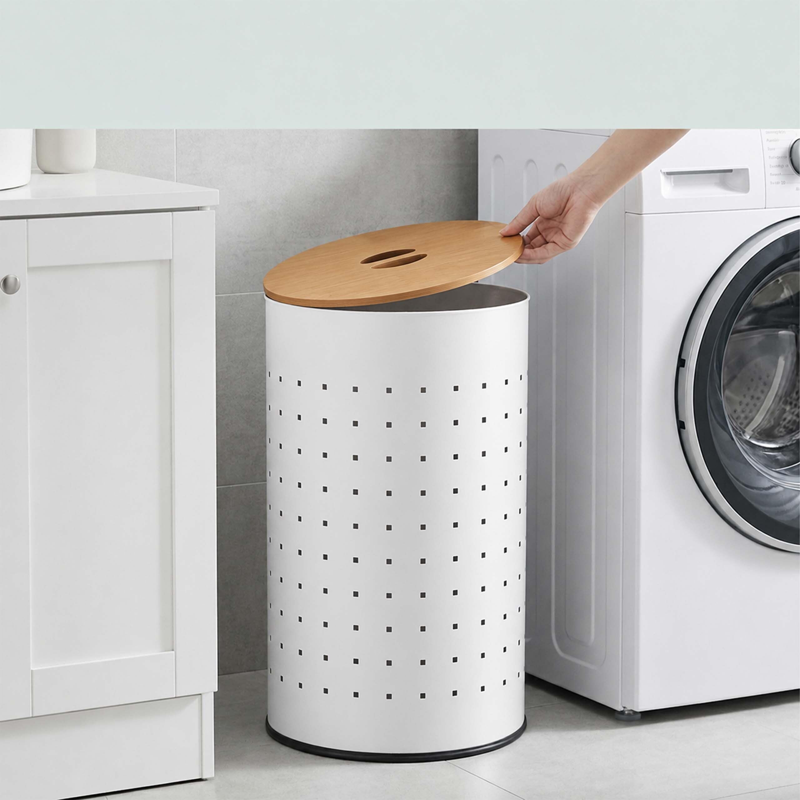 Relaxdays cesto portabiancheria con coperchio, metallo, bianco/naturale | 50 l, HxD: 57 x 35 cm, forato