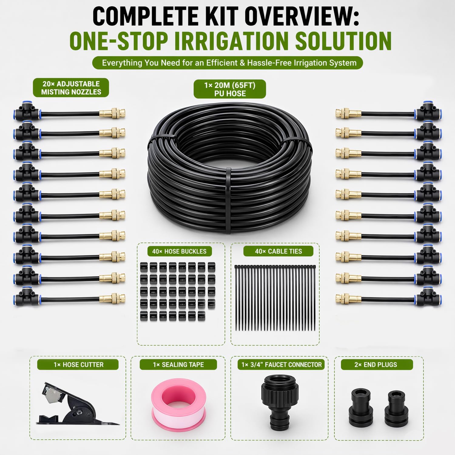 Bewässerungssystem Garten, 360° Einstellbar Gartenbewässerung, 20M Bewässerungsschlauch Kit mit 20 Stück Einstellbare Düse für Balkon, Pflanzen, Landschaft, Gewächshaus, Terrasse, Urlaub