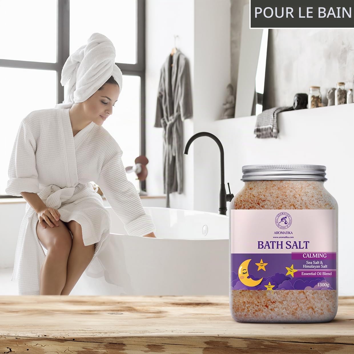 Sel de Bain Calmants 1300g - Huiles Essentielles de Bois de Lavande & Bergamote & Santal - Pur & Naturel - Bon Sommeil - Détente - Soulagement du Stress - Bain - Beauté - Relaxant