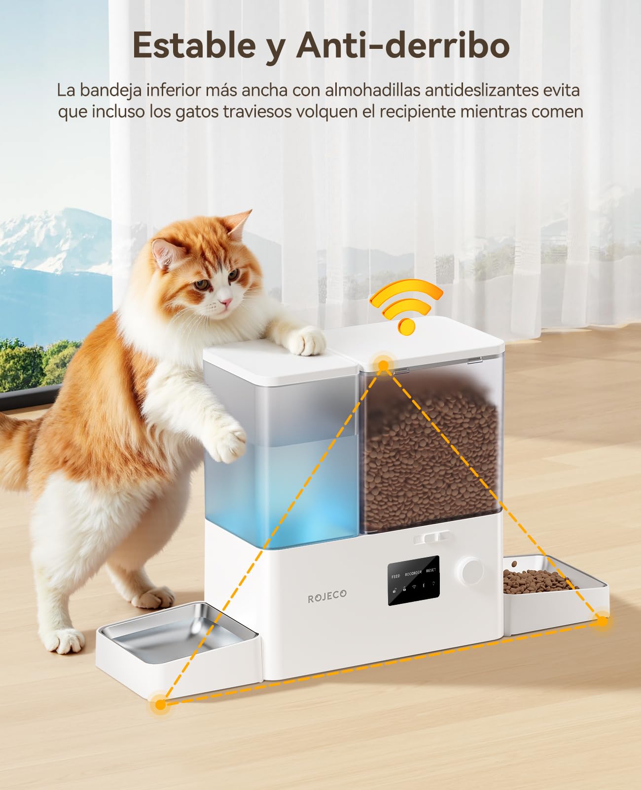 ROJECO Comedero automático para gatos y fuentes 2 en 1 – 8,5 L de capacidad total (5 L comedero + fuente de 3,5 litros), 1-36 porciones, 2 cuencos de acero inoxidable, sin BPA, para gatos y mascotas