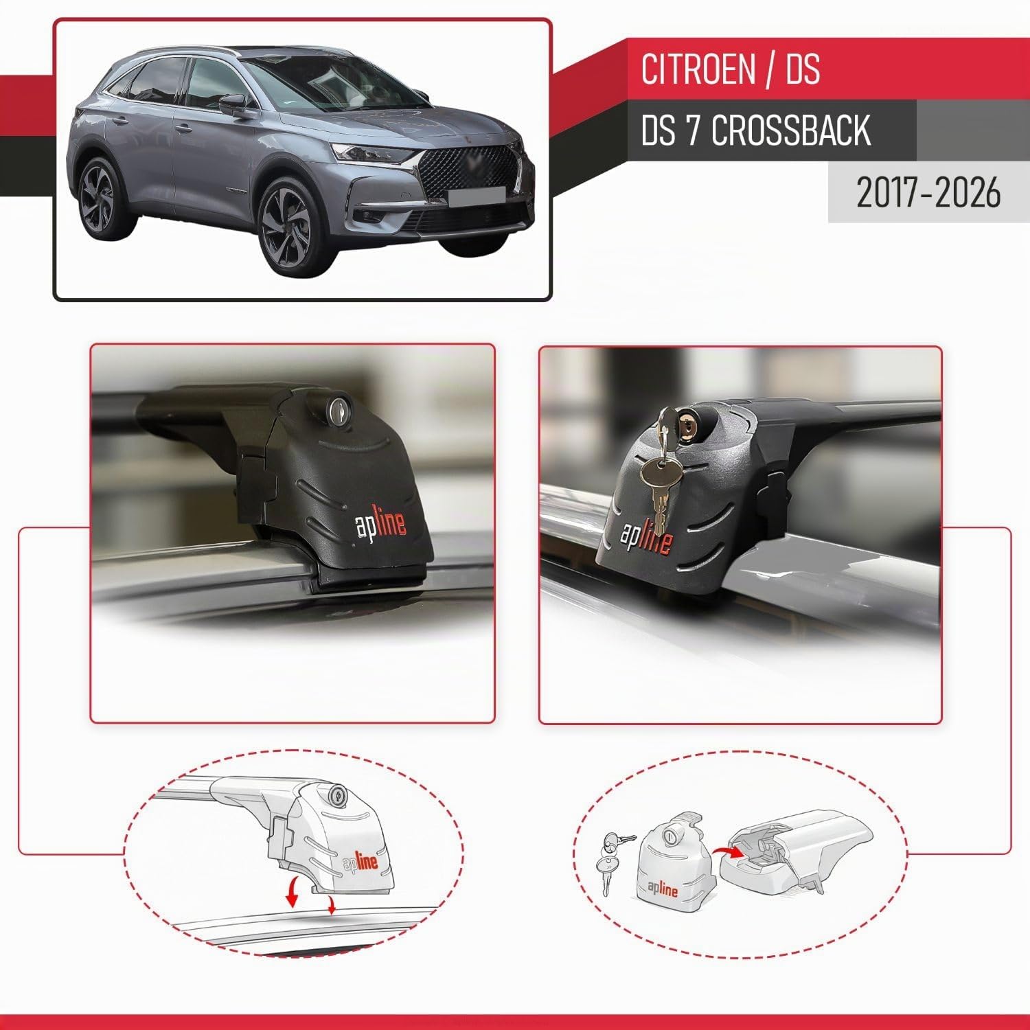 Compatible con Citroen/DS 7 Crossback 2017-2026 Modelo Ace-2 Barra de Techo Auto Portaequipajes Barras Transversales Negro Aluminio 2 Barras