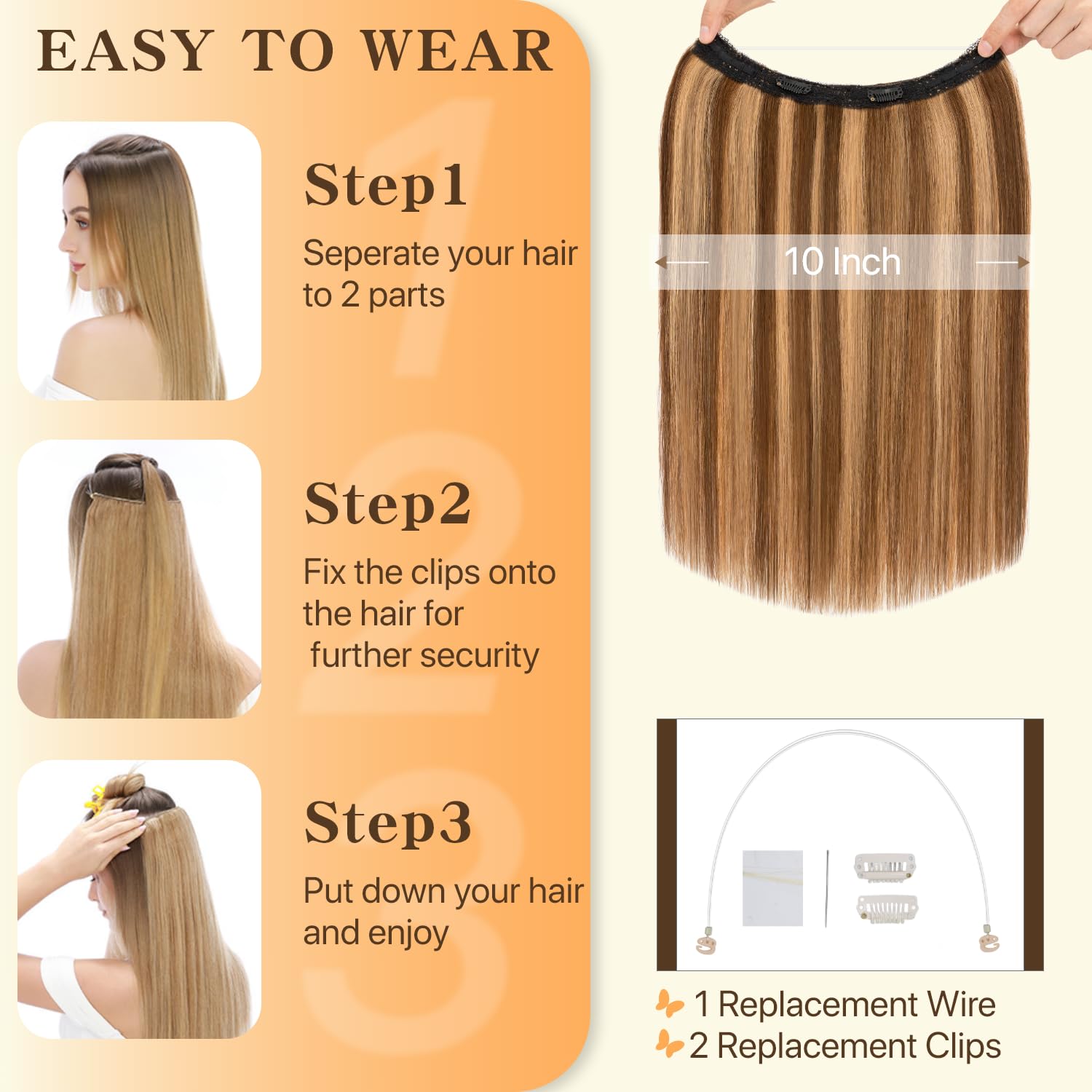 TESS Halo & Clip in Hair Extension 100% Real Human Hair Wig One Piece Adjustable Invisible Transparent Wire with 2 Secure Clips for Women UK #4P27 Medium brown&Dark blonde 18 inch 65g - Image 4