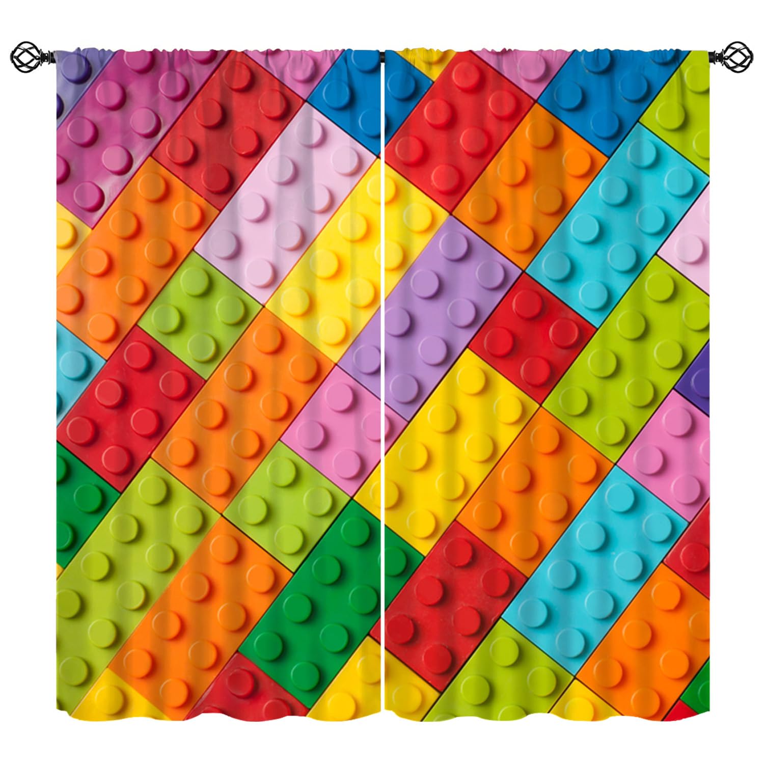 Kids Building Blocks Toy Curtains, Color Constructor Blocks Window Treatments for Boys Bedroom Abstract Contour Colorful Plastic Brick Pattern Window