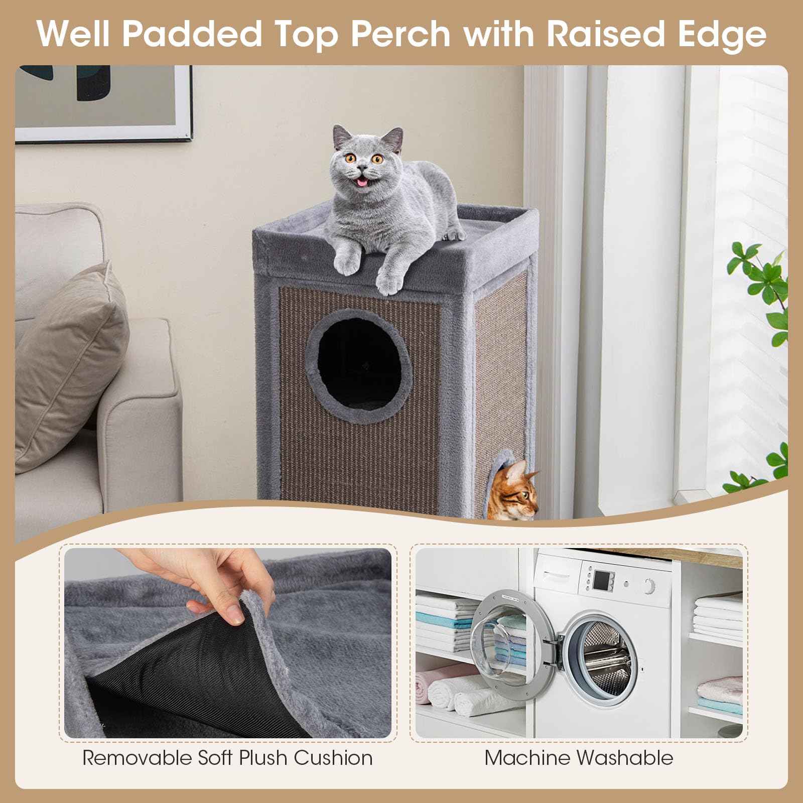 GYMAX Condo para Gatos de 4 Pisos, Torre de Actividades para Gatos, Árbol Rascador con Plataformas, Juguete Interactivo con 3 Cuevas, Almohadillas Suaves Extraíbles en Forma de Barril