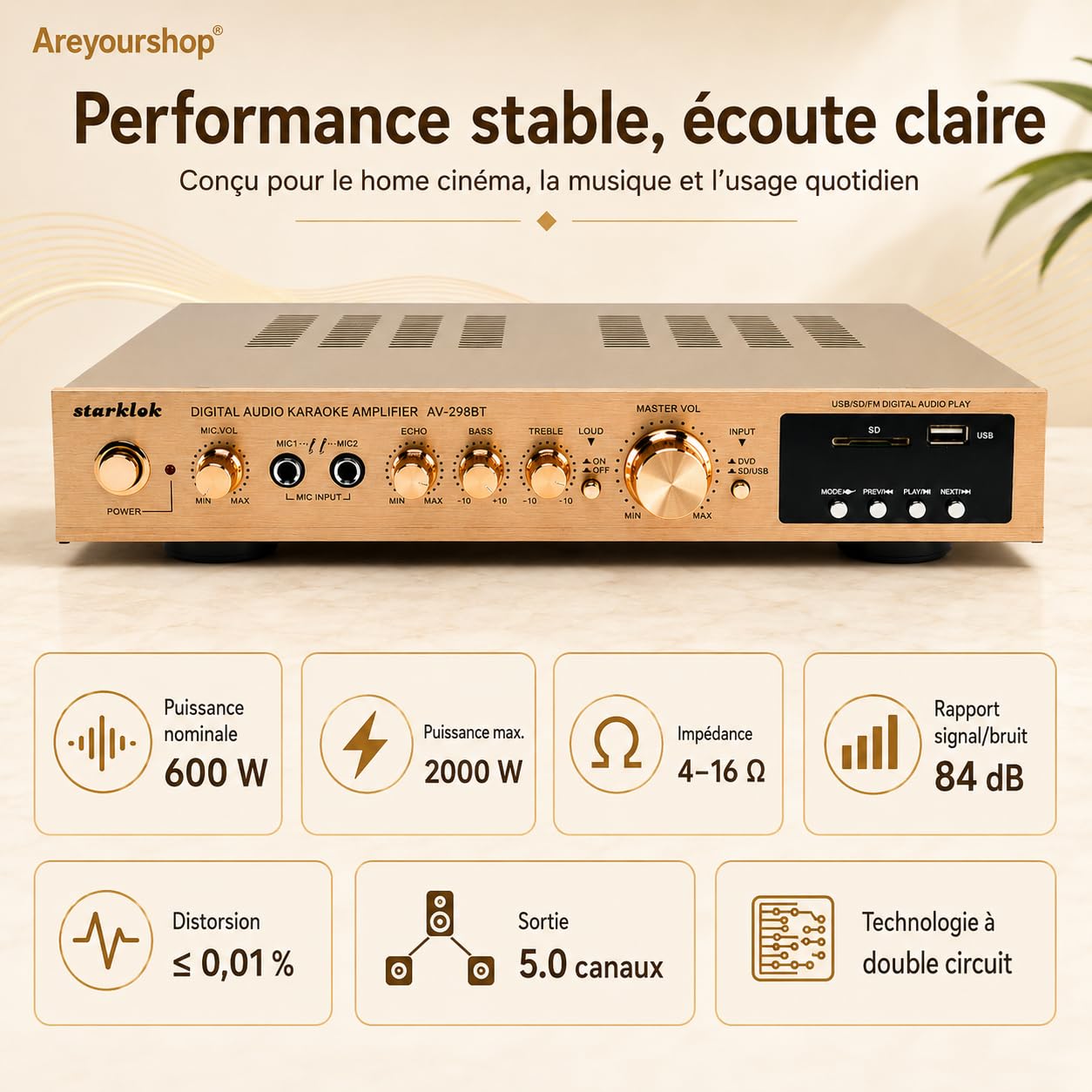 Amplificateur stéréo HiFi 2000 W, ultra fin, 5 cm, en aluminium, amplificateur audio surround AV surround, Bluetooth 5.0, home cinéma, lecture SD/USB, FM Radi
