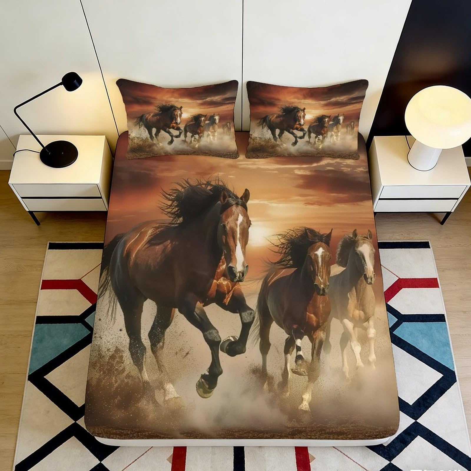 3D Printed Running Horse Sunset Fitted Sheet Microfiber Non Slip Bed Cover Machine Washable for Bedroom Decor 160x200x25cm