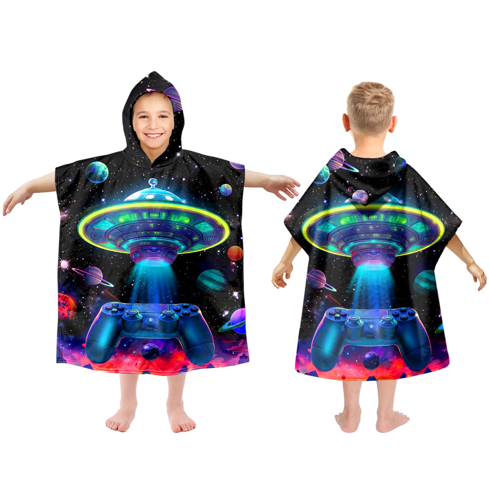 Gooddooes Kids Hooded Beach Towels Wrap for 2-6 Years,Cute Universe Theme Boys Swim Cover Up for Bathroom，22"x26" Quick Dry Black Bath Towel Poncho,