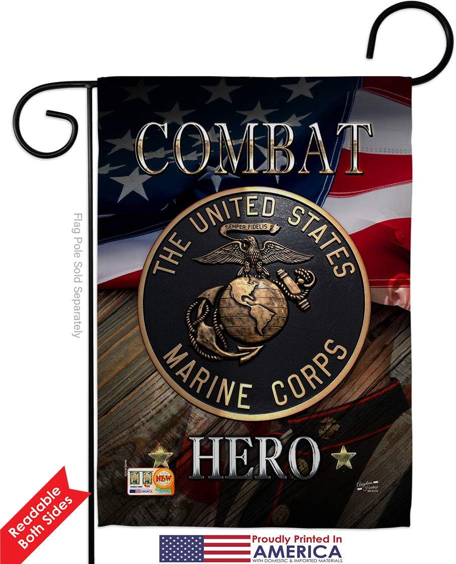 Marine Combat Hero Garden Flags Pack Armed Forces Corps USMC Semper Fi United State American Military Veteran Retire Official USA Vintage Applique Small Gift Yard House Banner Double-Sided 13 X 18.5