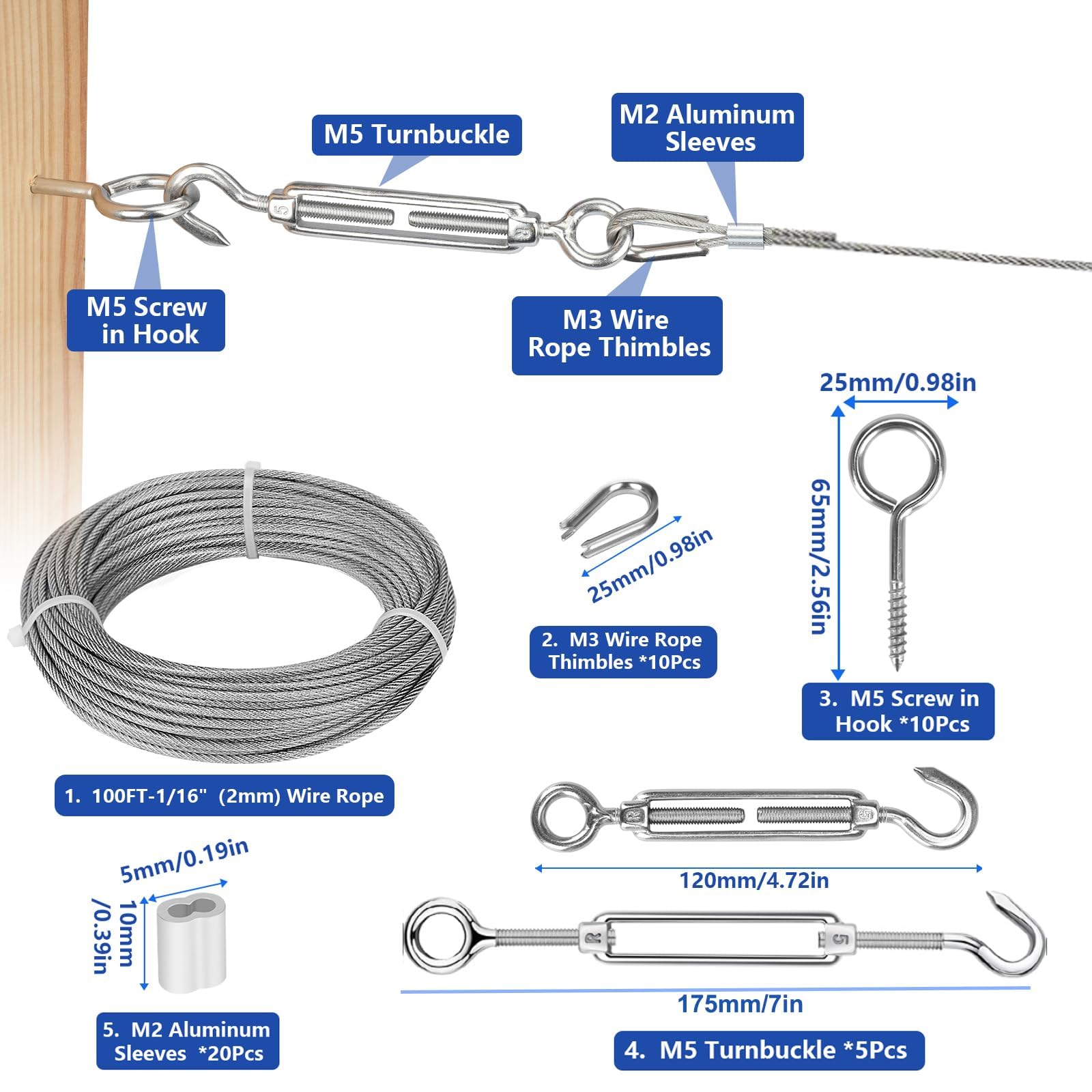 TooTaci Zestaw linek ogrodowych 30 m / 2 mm ze stali nierdzewnej, zestaw napinacza drutu M5, zestaw rolek ogrodzeniowych, zestaw balustrady kablowej, metalowy kabel powlekany PCW, oczy winorośli dla