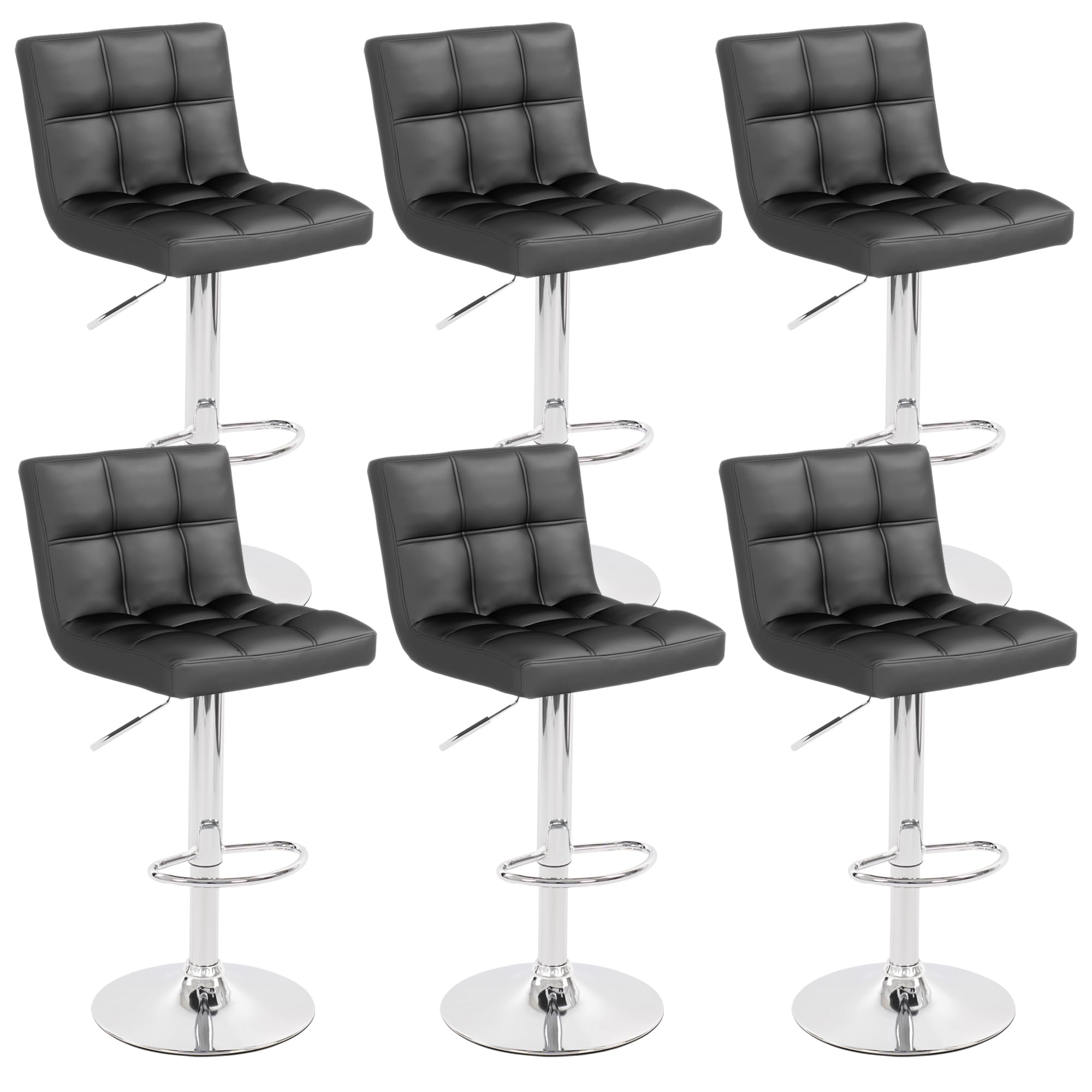 Gentlemoods Modern PU Leather Bar Stools Set of 6, Adjustable Swivel Square Bar Chairs, Armless Counter Height Barstools with Back and Large Base for
