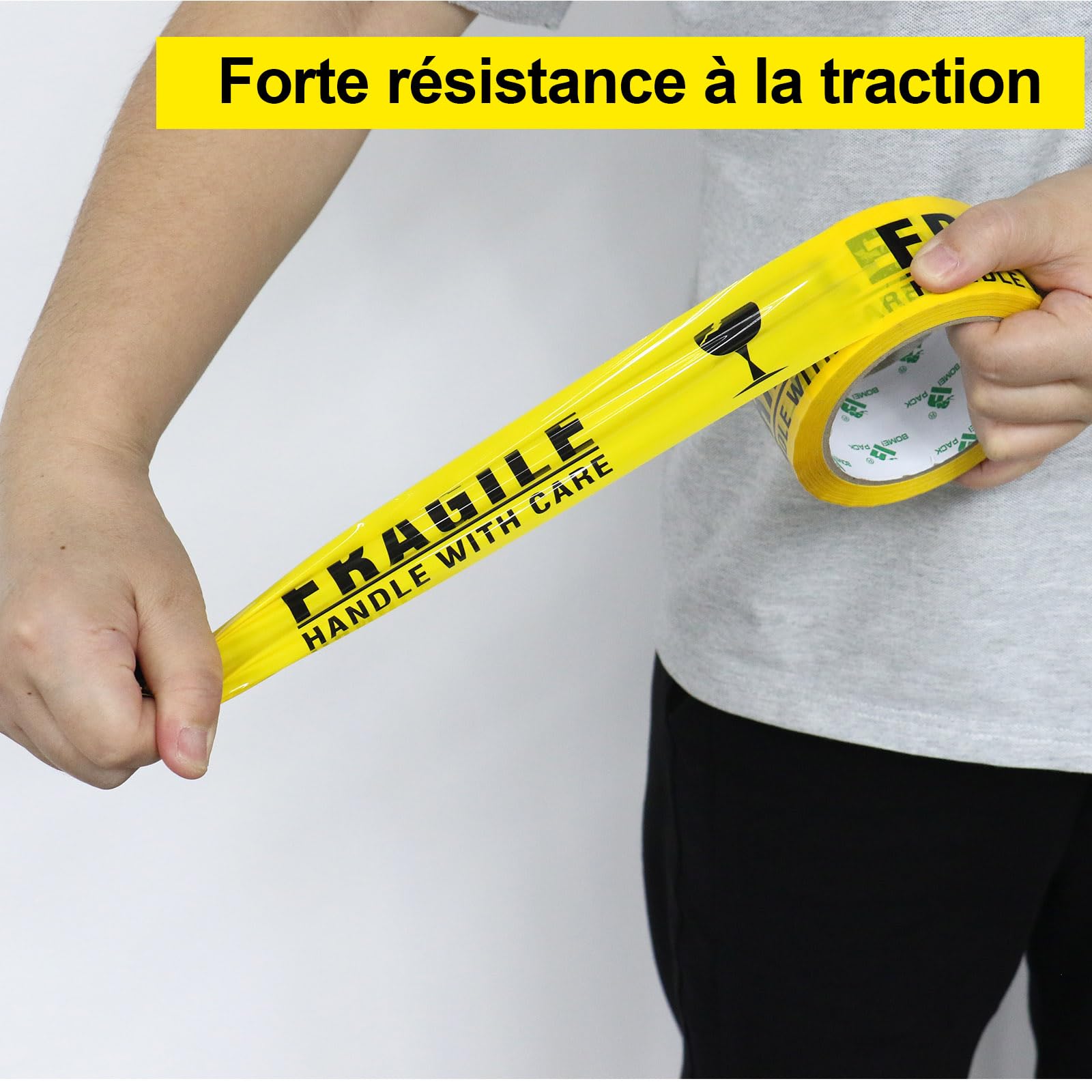 BOMEI PACK FRAGILE Jaune Ruban d’emballage sécurité 66m x 48mm–6 rouleaux avec dévidoir Adhésif fort pour colis, entrepôt, e-commerce