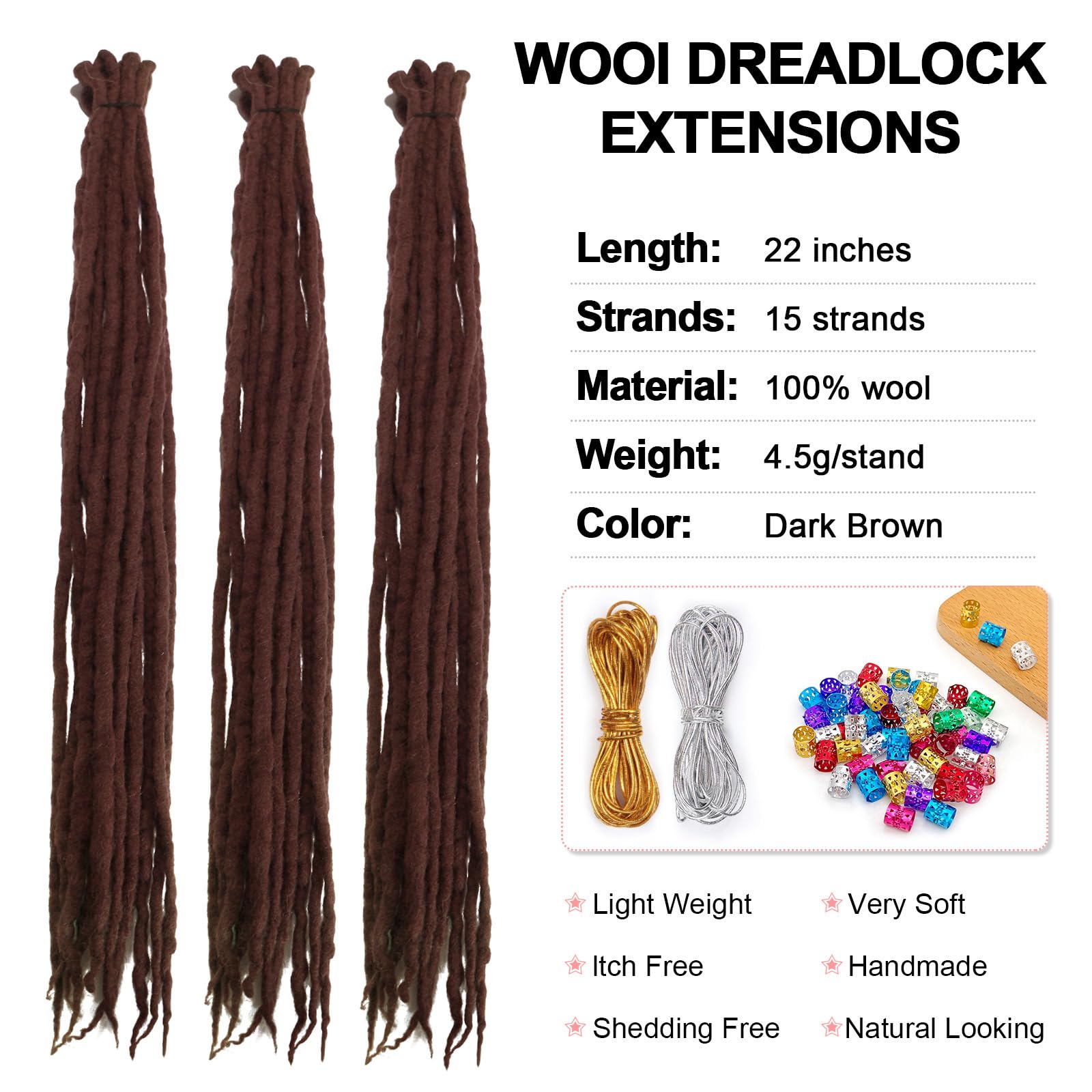 22 Inch Brown Wool Dreadlock Extensions Double Ended 15 StrandsDreadlocks for Women DE Double Ended Wool Dreads Stylish & Durable Dreads Extensions - Image 2
