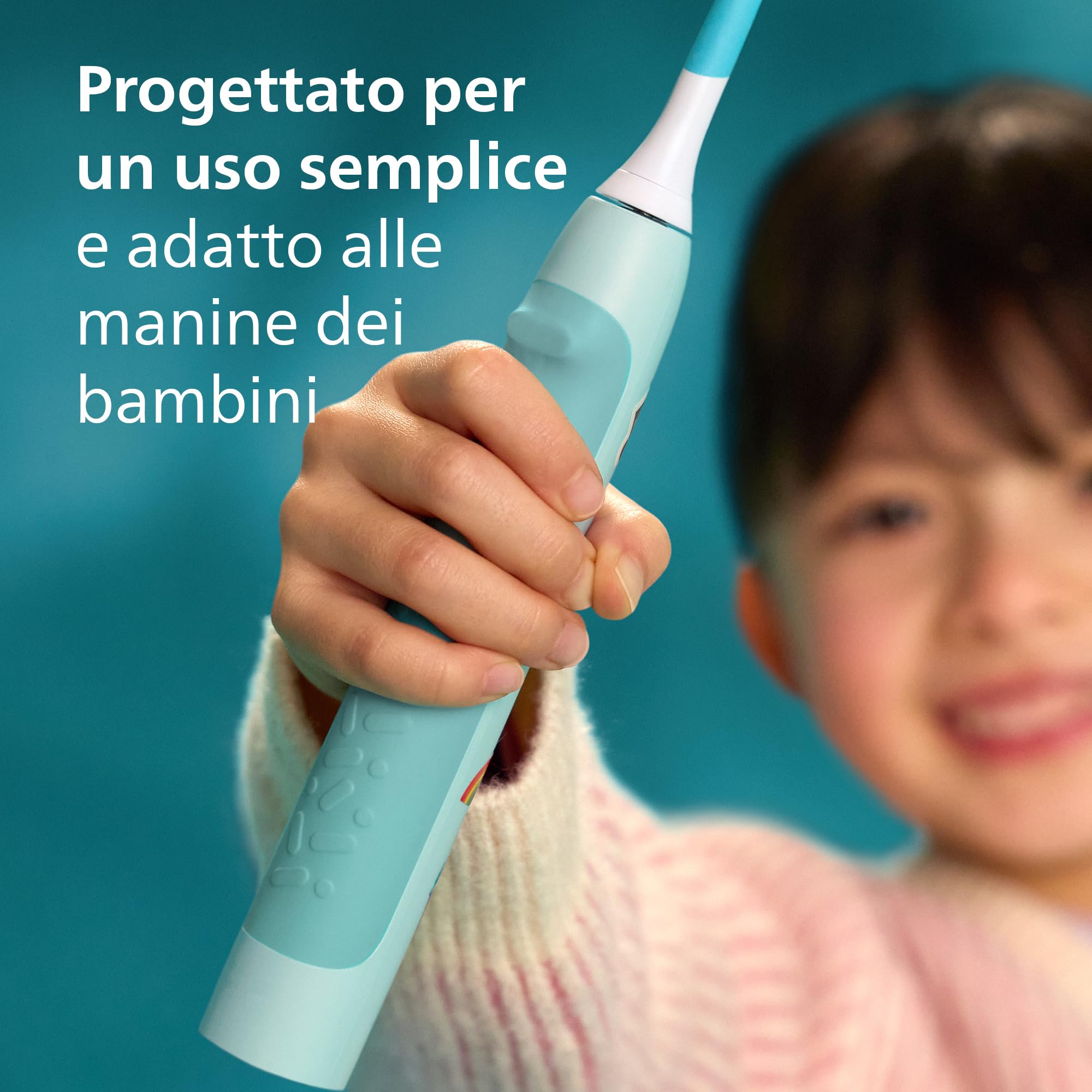 Spazzolino elettrico Philips Sonicare for Kids - Spazzolino sonico per bambini dai 3 anni in su, 2 modalità delicate, timer con audio da 2 minuti, 2 testine mini, verde acqua, modello HX6500/23