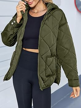 Dyexces Womens Quilted Puffer Jacket Hooded Long Sleeve Zip
