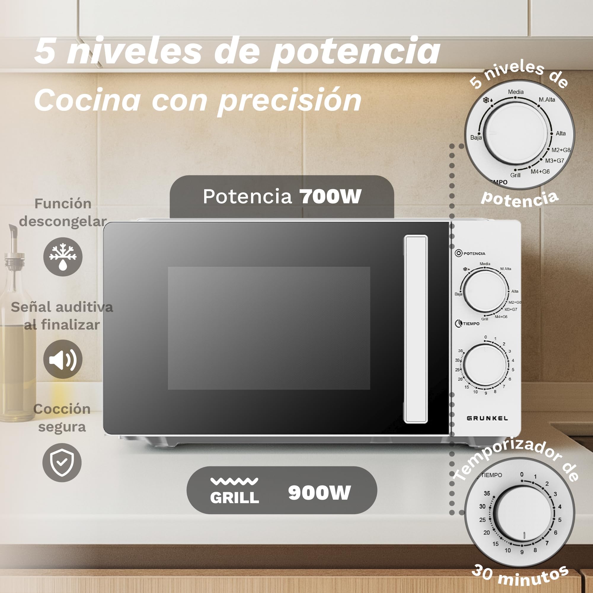 Four à micro-ondes avec gril, 20-25 litres, 700 W + 900 W ou 850 W + 1000 W gril, 5 niveaux de puissance, 3 modes de combinaison, minuterie 30 minutes (700-900 W, 20 litres)