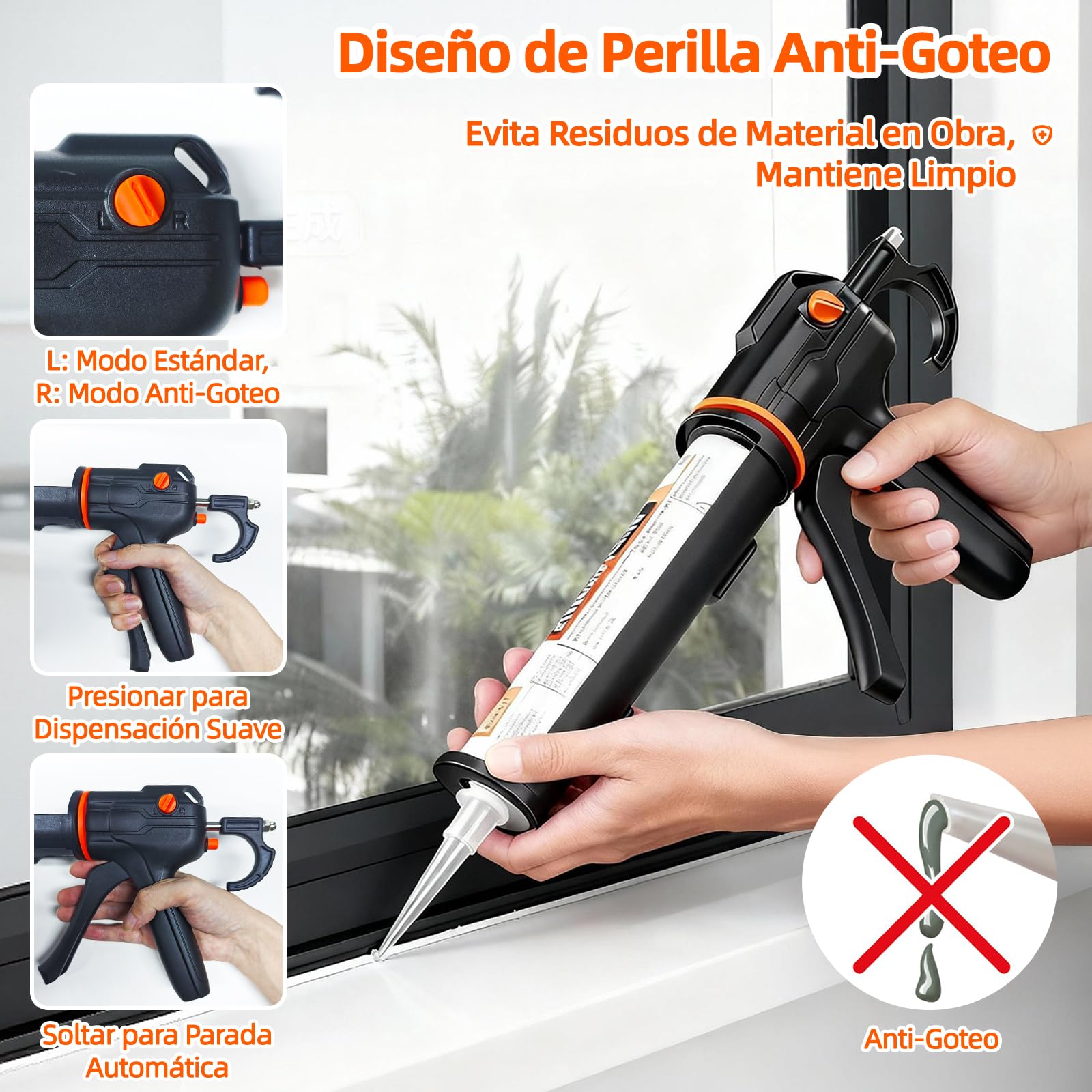 Pistola Silicona Profesional Metálica, Pistola de Silicona 18:1 Relación de Empuje Ahorra Esfuerzo & Antigoteo, Antióxido, Robusta y Duradero - Giro 360° para Cartuchos de 300 ml Calafateo, Sellado