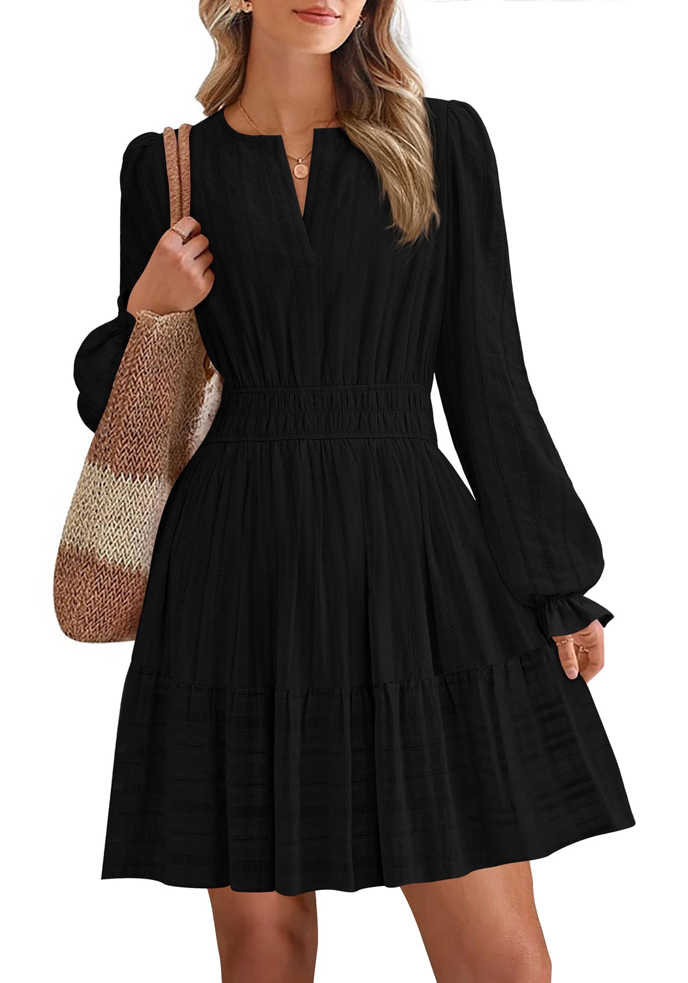 BTFBM Mini Dresses for Women 2025 Casual Lightweight Long Sleeve V Neck A Line Elastic Waist Party Holiday
