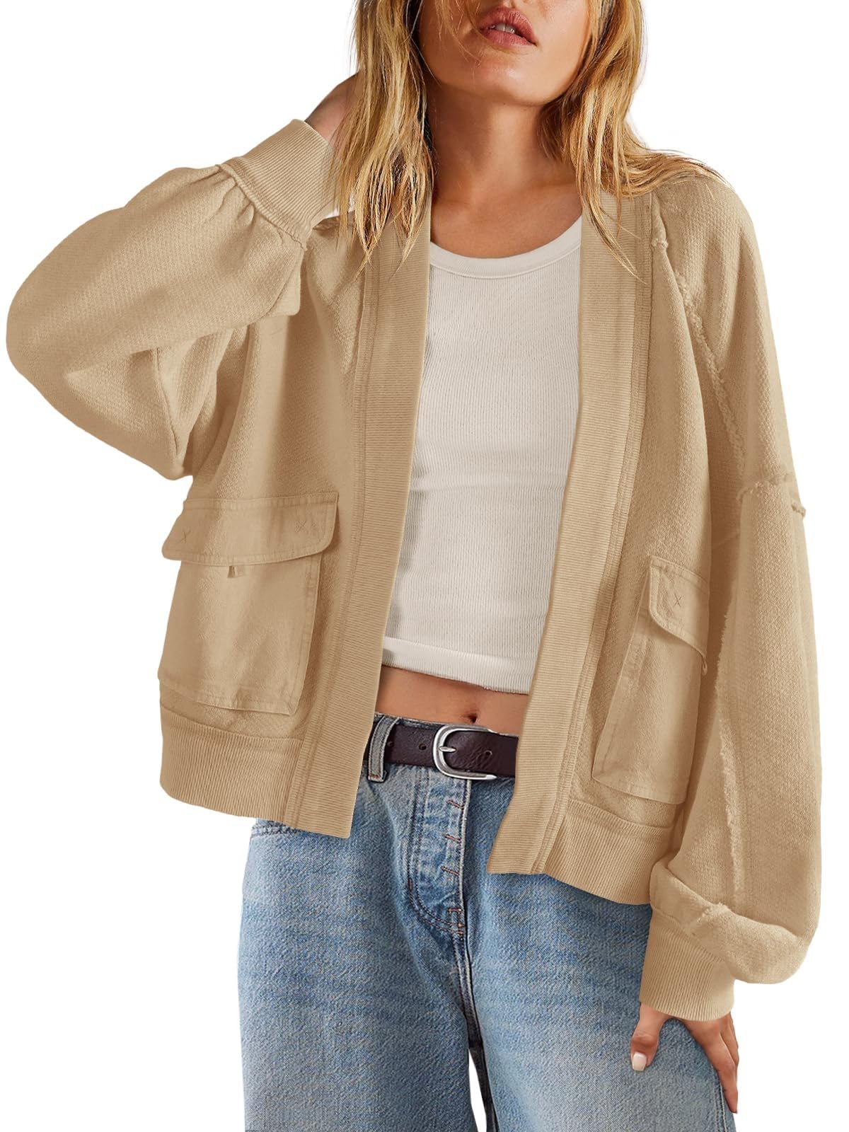 Womens Oversized Cardigan Open Front Sweatshirt Drop Shoulder Long Sleeve Fall Jackets with Pockets
