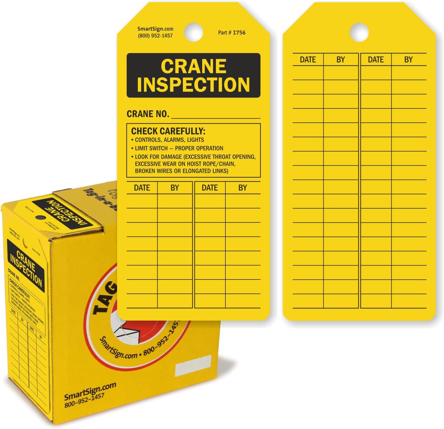 SmartSign 100-Pack Crane Inspection Tags, Write-On Tags in Dispenser Box, 2-Sided with Safety Checklist and Blank Grid for Inspection Details, 6.25" x 3", 10 mil Plastic, Yellow and Black