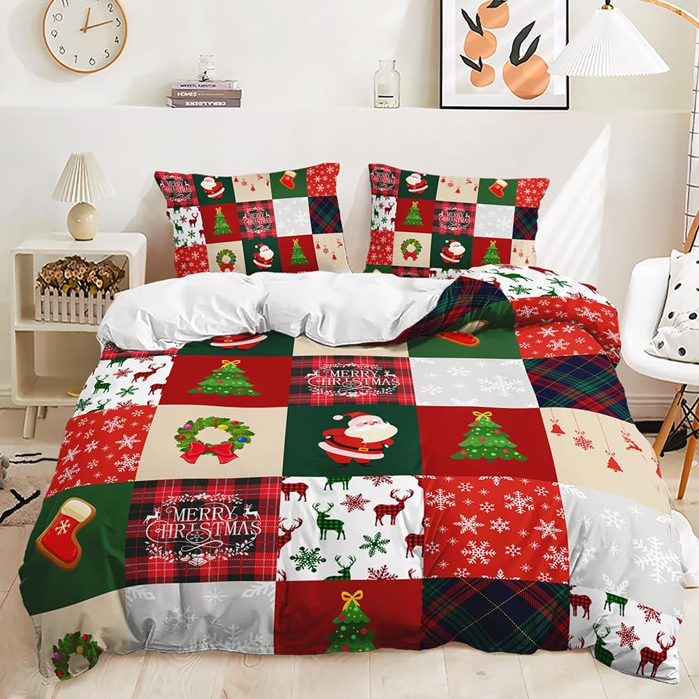 Lunoroey Christmas Bedding Duvet Cover Set Kids Boys Girls Santa Christmas Tree Reindeer Print Plaid Quilt Cover Comforter Cover Bed Sets Gift for Xmas Double 200x200 cm - Image 2
