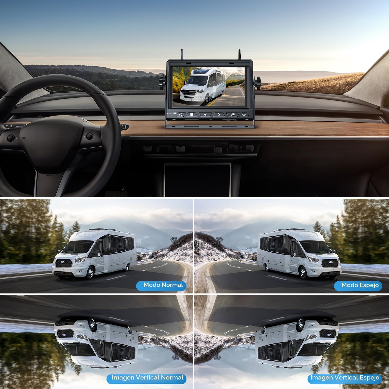 Camara Trasera Coche Inalambrica Solar, 1080P 7'' Monitor Magnética Cámara Marcha Atras con Batería Recargable 10000mAh, Instalación de Bricolaje, para Camper, Camión, RV(VS-7A)
