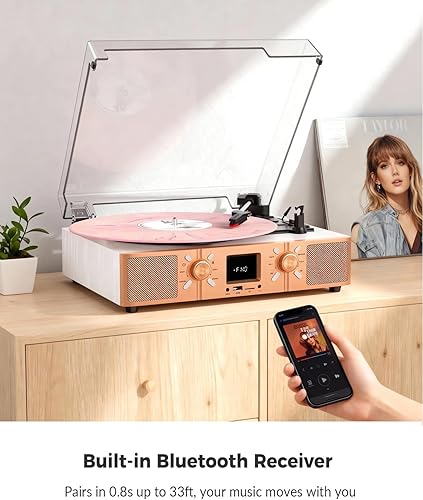 Miniatura 2 de Reproductor de discos de vinilo con altavoces integrados, tocadiscos Bluetooth para discos de vinilo, reproductor LP de 3 velocidades accionado por